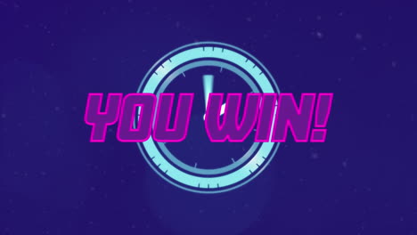 animación de usted ganar banner de texto sobre reloj de tic-tac y puntos de luz en fondo azul