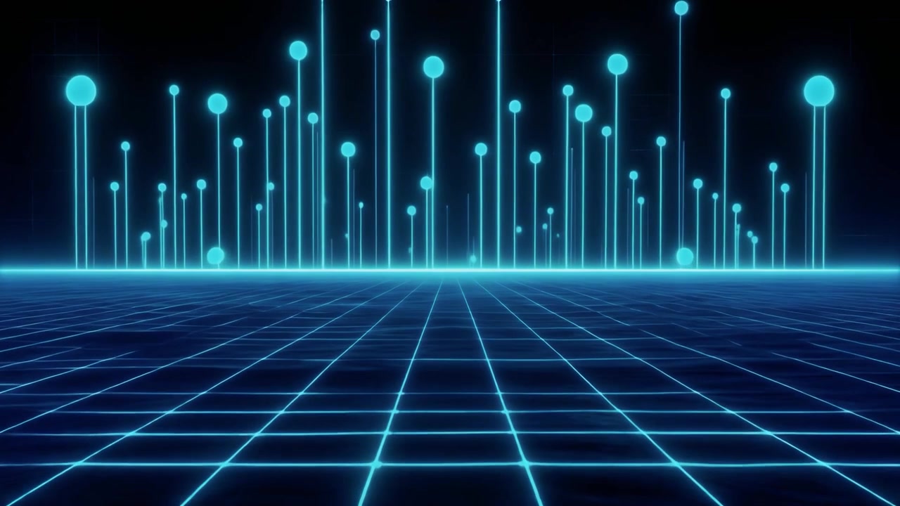 Digital Data Visualization with Glowing Blue Grid and Rising Light Nodes
