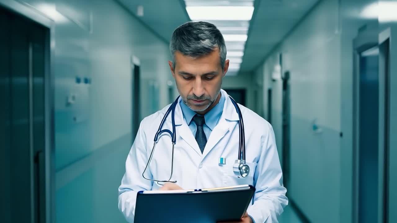 Doctor walking down a hospital corridor