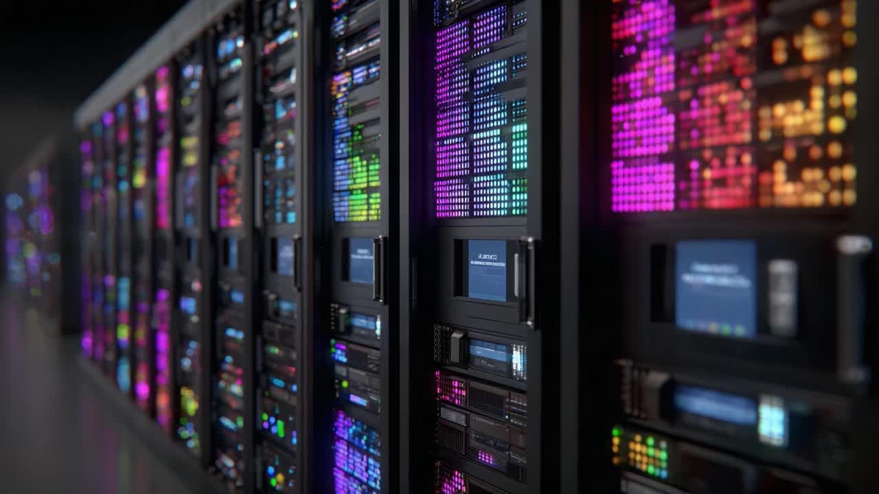 Illuminated Data Center Rack Displays: A Sophisticated Powerhouse of Server Technology Showcasing Vibrant Light Patterns and Efficient Data Processing in Modern Computing