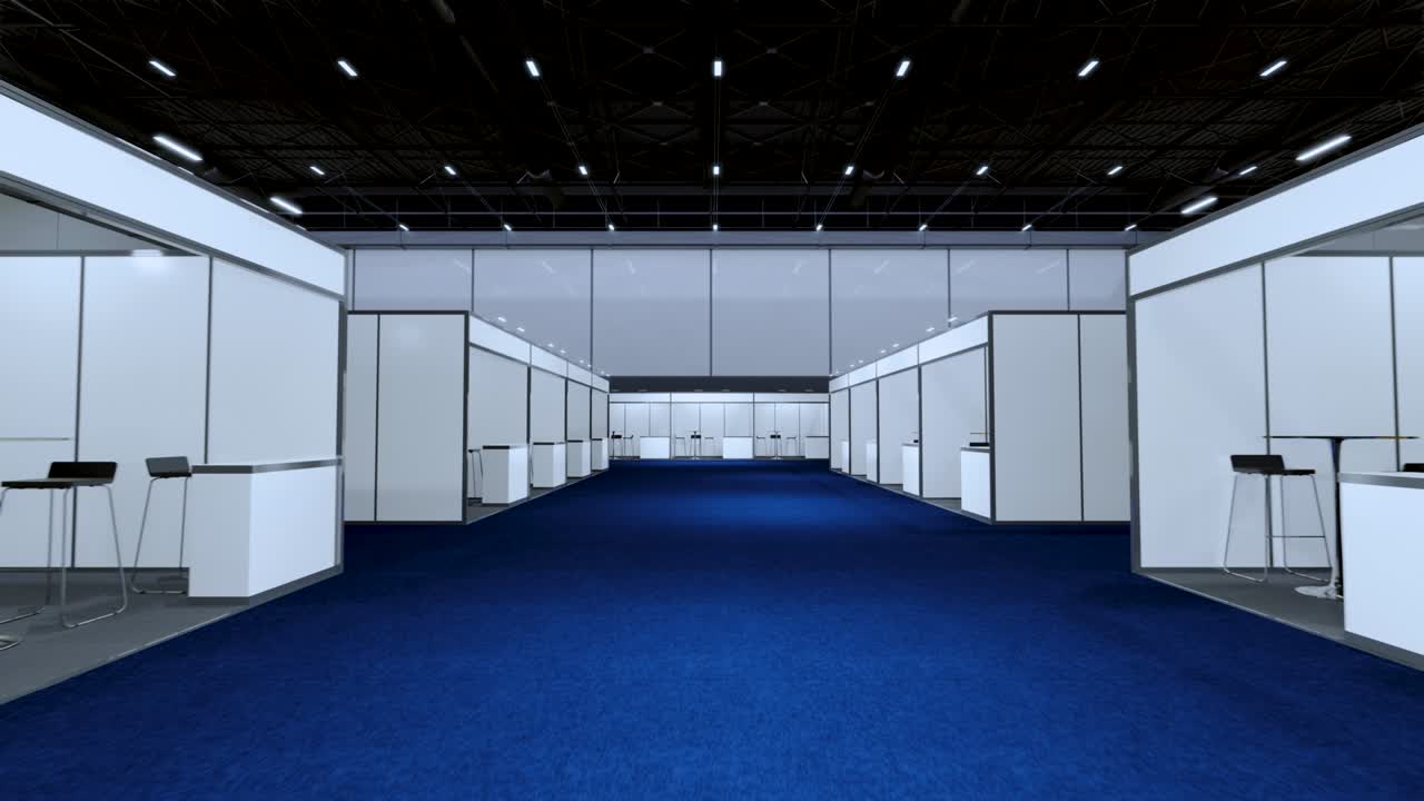 모형 및 기업 정체성을위한 전시 스탠드, 디스플레이 디자인, 빈 부스 디자인, 전시 홀에서 소매 부스 요소, 부스 디자인 무역 쇼, 그래픽 자원의 빈 부스 시스템, 온라인 이벤트, 컨퍼런스, 라이브 3d 렌더링을위한 모션 배경.