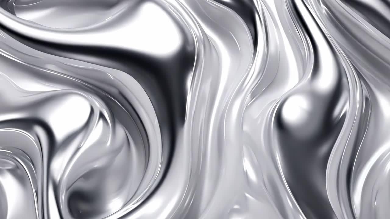 Video ravvicinato di una texture liquida metallica, liscia e fluida, che crea un'atmosfera futuristica e astratta