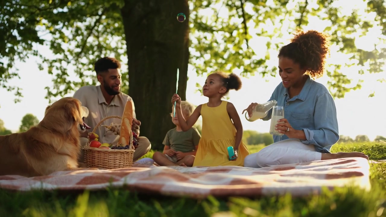 Famiglia felice con cane che fa un picnic in un parco soleggiato