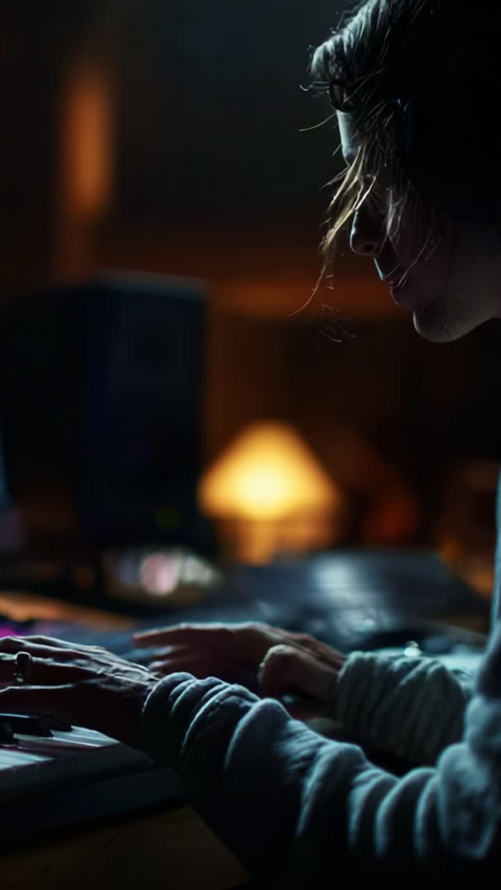 Focused musician creating captivating melodies in a dimly lit studio, skillfully playing electronic keyboard, immersed in the rhythm and atmosphere of music production