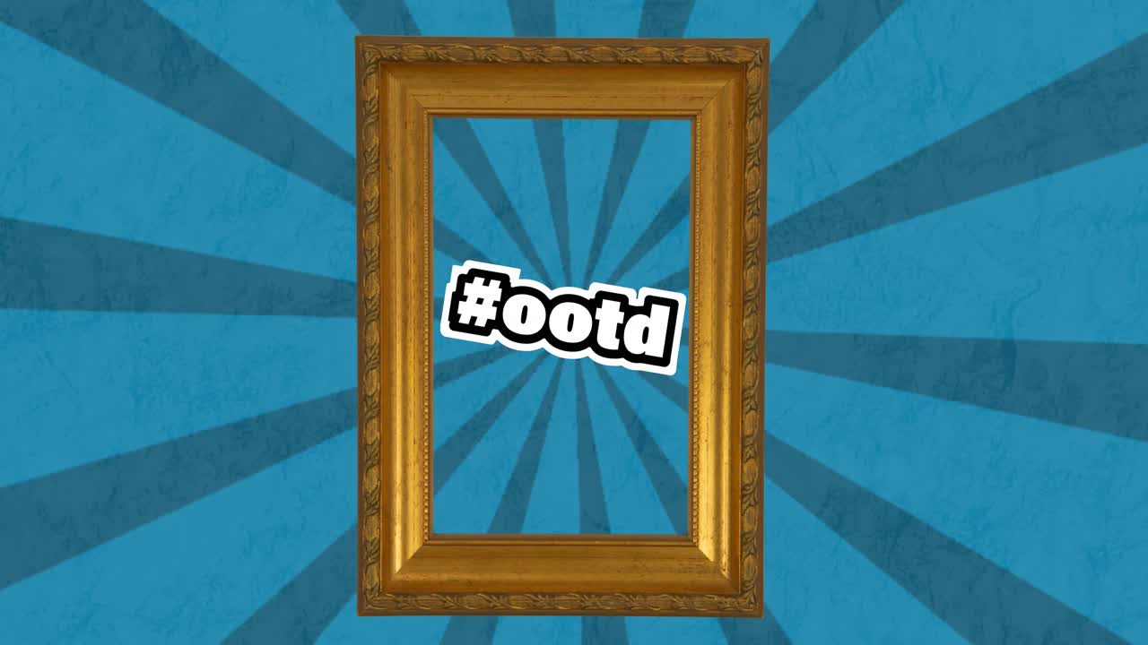 그림 프레임과 회전하는 파란 줄무 ⁇  위에  ⁇ 색으로 해시태그 ootd 텍스트의 애니메이션