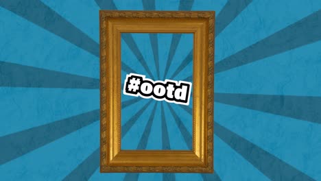 Animation-of-hashtag-ootd-text-in-white-over-picture-frame-and-rotating-blue-stripes