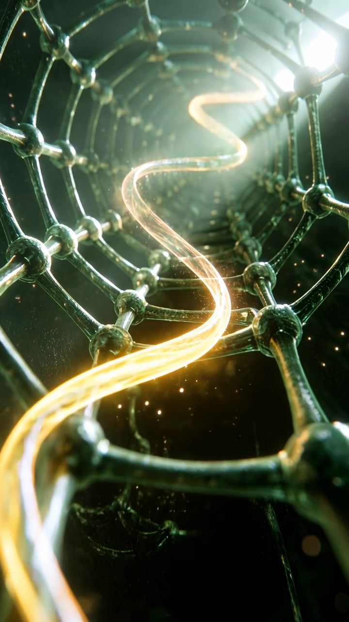 Un filamento luminoso si muove in una curva a S attraverso una struttura ripetuta di anelli lucidi, diventando più brillante verso il primo piano mentre piccole particelle calde fluttuano in una profondità verde-nera