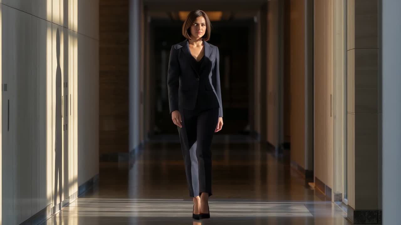 Mujer emprendedora caminando con paso firme hacia la cámara por un pasillo con bandas de luz, vestida con traje oscuro y tacones