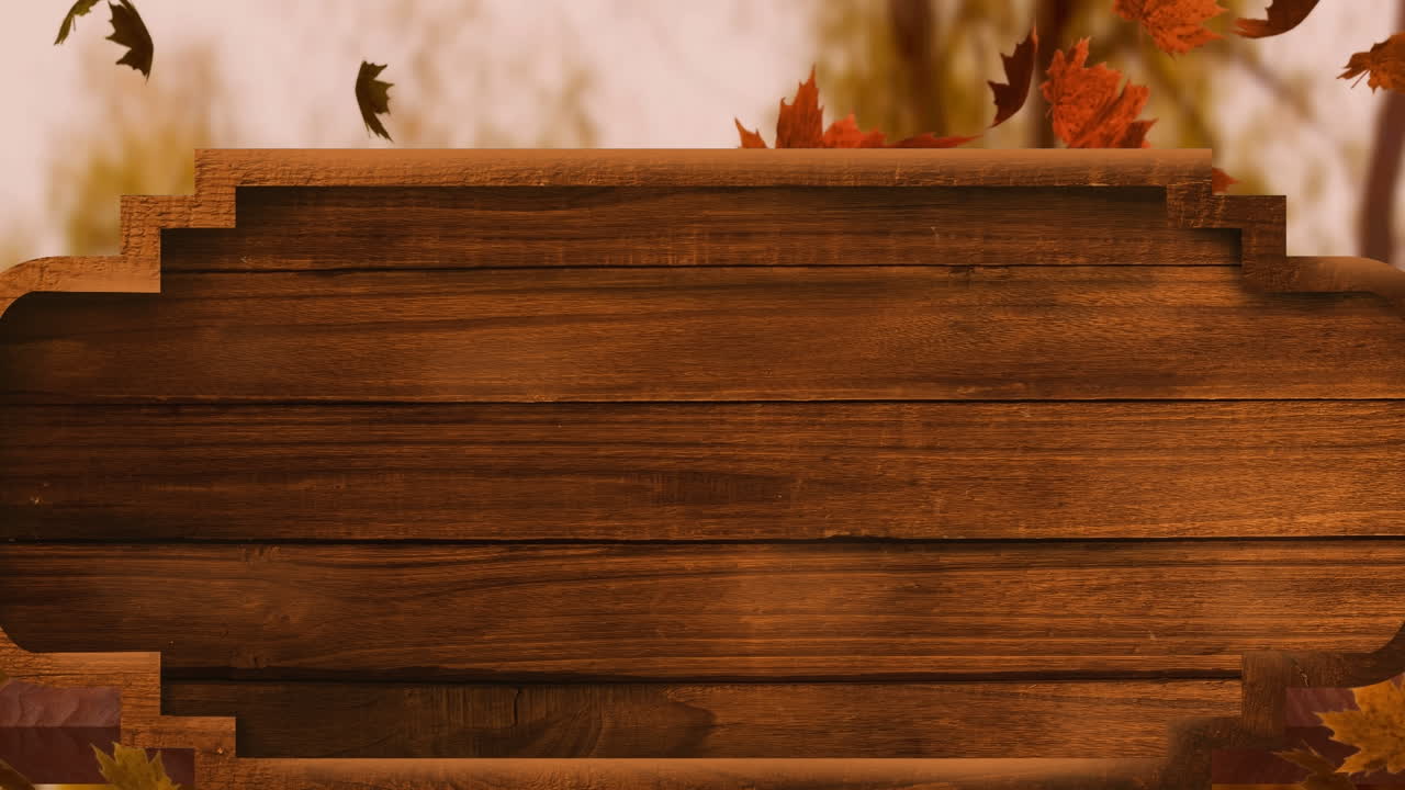 animación de hojas de otoño flotando sobre un fondo de madera con espacio de copia