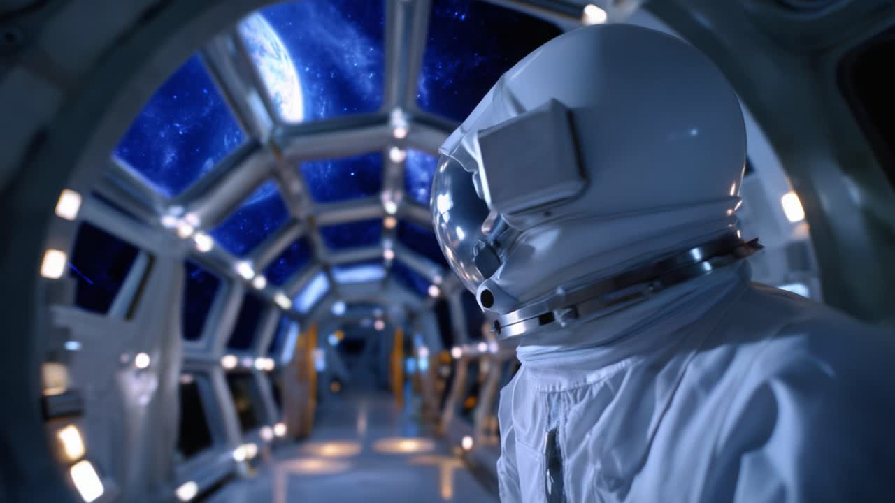 Astronauta in una navicella spaziale futuristica contempla la vista mozzafiato della Terra da un grande oblò nello spazio profondo, mettendo in risalto la bellezza dell'esplorazione interstellare.