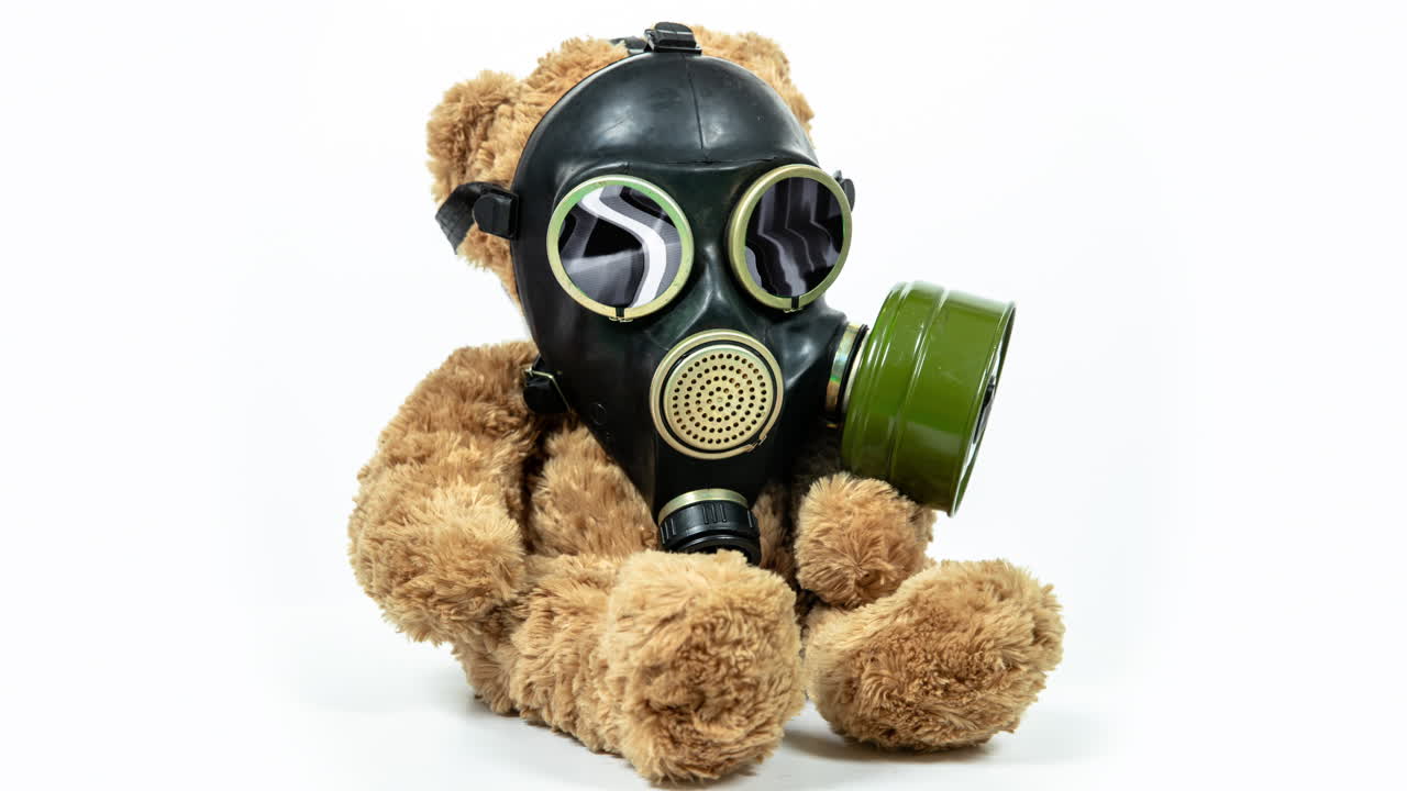 un oso de peluche con una máscara de gas