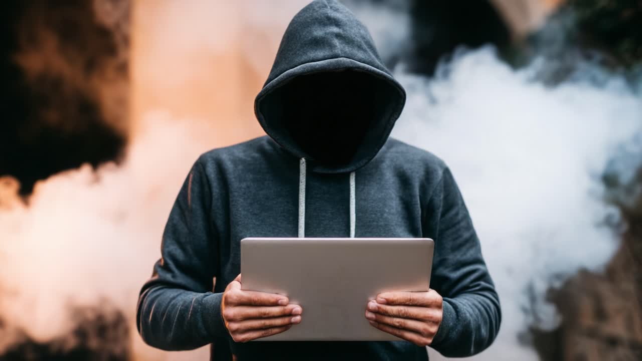 A mysterious figure in a hooded sweatshirt stands against a foggy backdrop, engrossed in a laptop while shrouded in an enigmatic atmosphere of smoke and intrigue