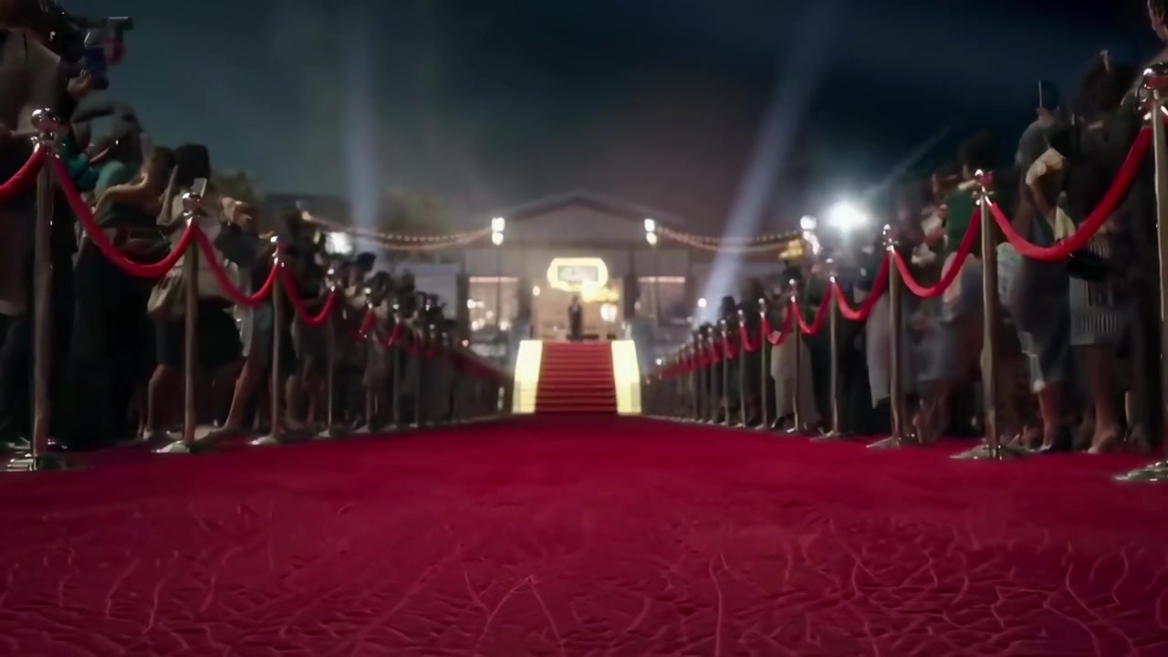 Lungo tappeto rosso che conduce a un grande evento notturno