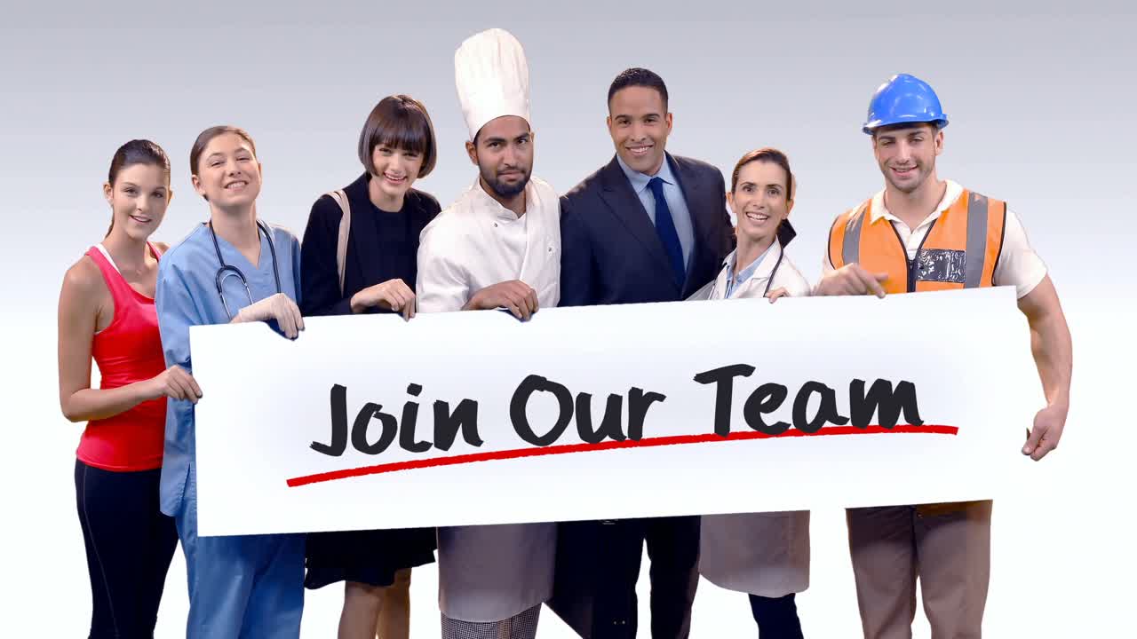 Various professional holding placard of join our team text