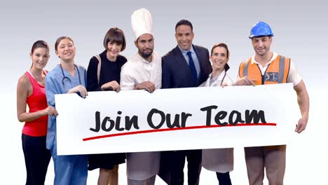 various professional holding placard of join our team text