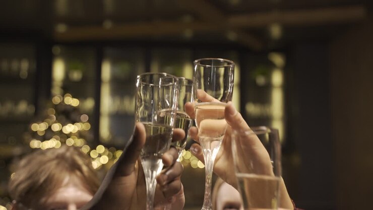 Laq camera focuses on the hands of a group of friends holding glasses of champagne and toasting at the new year's party