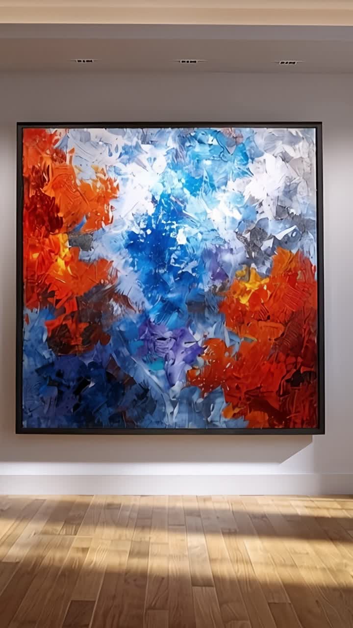 Arte astratta vibrante che mostra pennellate dinamiche nei toni del blu e del rosso, esaltando l'eleganza dell'ambiente della galleria moderna.