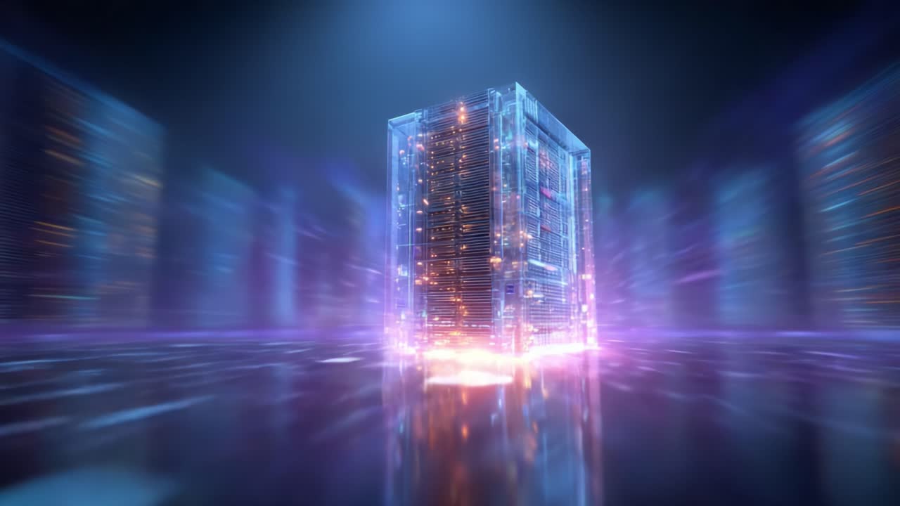 Futuristic Data Center Visualization Featuring a Glowing Server Rack Surrounded by Vibrant Light Trails, Symbolizing High-Speed Data Processing and Connectivity