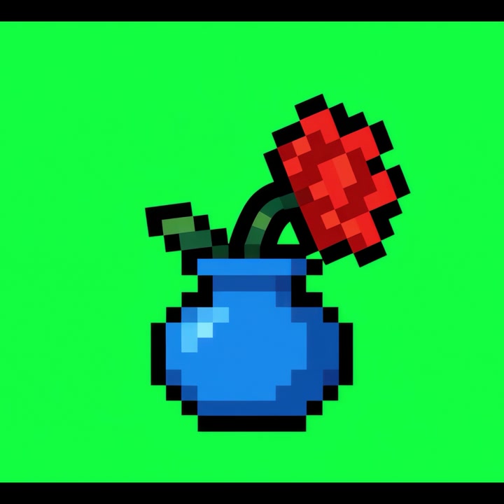 Fiore rosso in pixel art in un vaso blu su sfondo verde