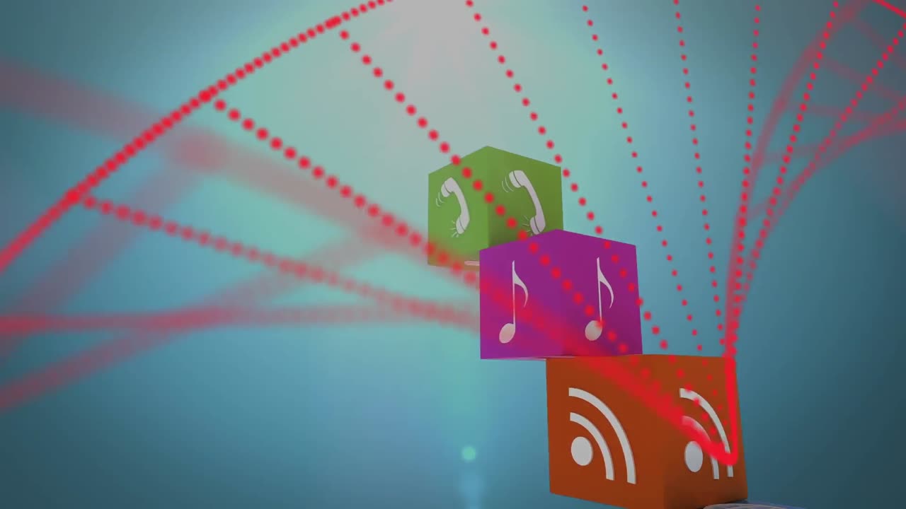 animación de cadena de adn e íconos sobre fondo azul