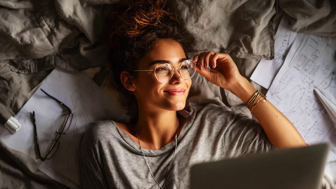 Donna rilassata con gli occhiali che si gode un po' di tempo a letto, circondata da fogli e quaderni, che sorride leggermente alle finestre con una luce naturale soffusa che esalta l'atmosfera accogliente