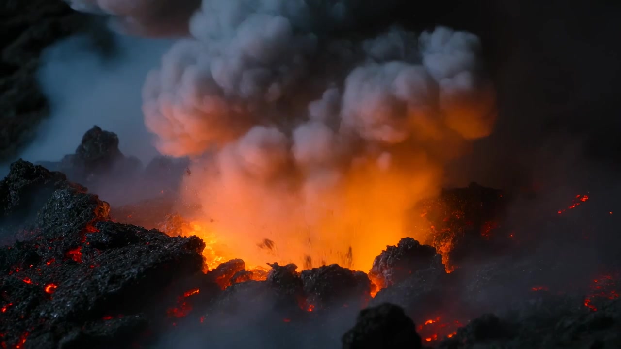 Releasing trapped gas erupting vent ejecting ash plume and glowing embers over molten lava pool