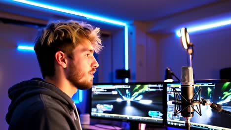 young male gamer streaming live gameplay