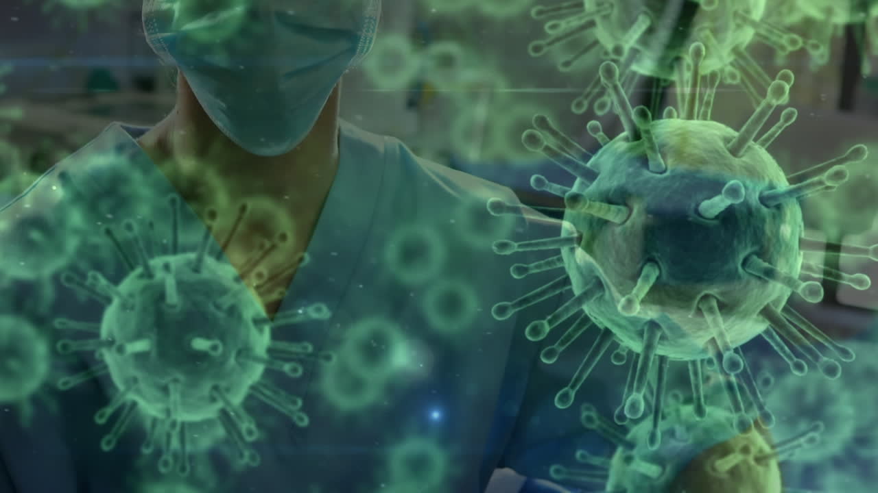 animación de la propagación del coronavirus covid19 con un trabajador de la salud en el fondo