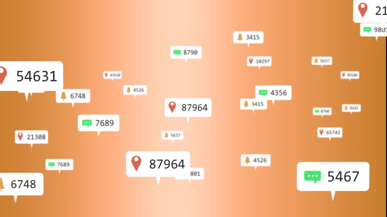 Animation of changing numbers and icons in notification boxes against gradient background