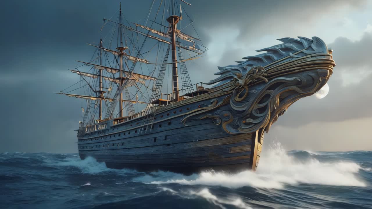 A grand sailing ship with a detailed dragon figurehead navigating a stormy sea