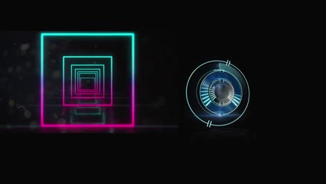 animación de un círculo de procesamiento en movimiento y cuadrados de neón que se mueven sobre un fondo negro