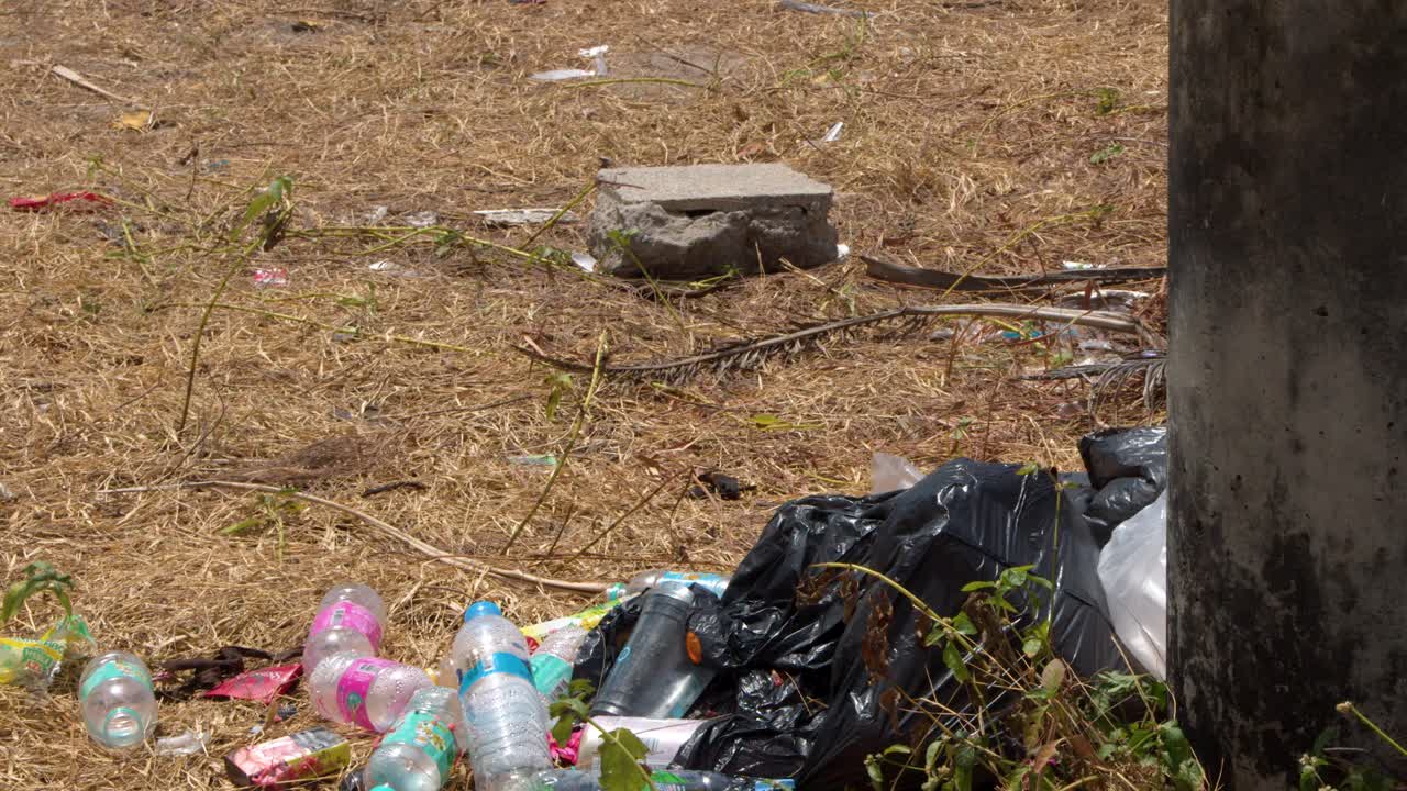 Inquadratura media statica di bottiglie di plastica abbandonate e sacchi neri di immondizia sull'erba secca.