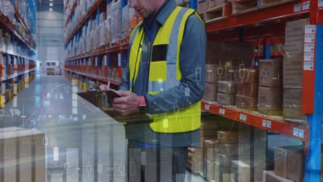 animation of data processing over caucasian male worker in warehouse