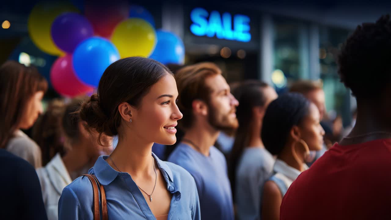 A young woman stands amid a lively crowd, surrounded by colorful balloons and a vibrant sale backdrop, showcasing an engaging atmosphere of shopping excitement and social interaction