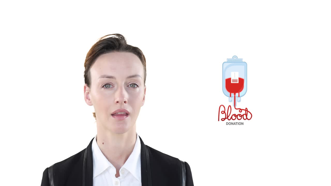⁇ 색 배경에 백인 사업가 여성이 그려진 헌혈 텍스트의 애니메이션