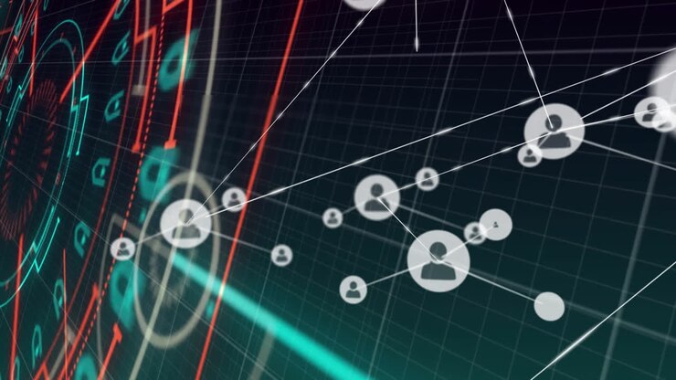 Finansal veri tablosu üzerinde grafik çizgileri ve kullanıcı simgeleri animasyonu.