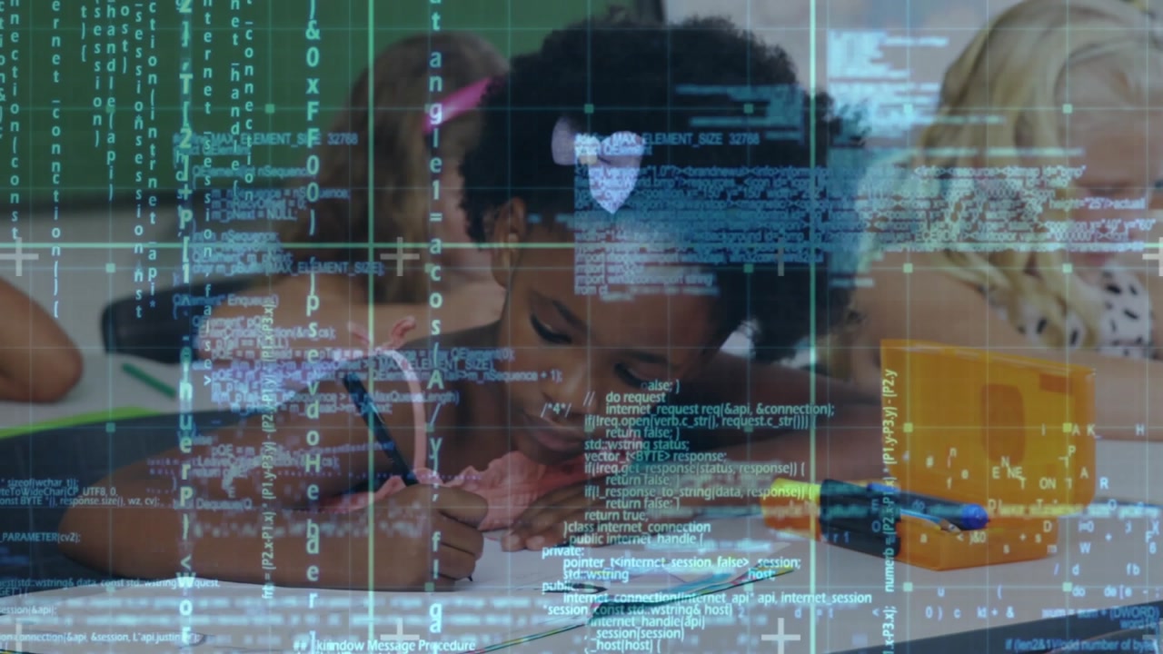 Code overlaying girl writing for education zooming into classmates scribbling boy resuming writing