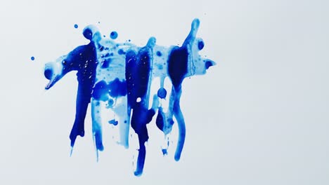 Close-up-of-blue-paint-shapes-on-white-background-with-copy-space,-slow-motion