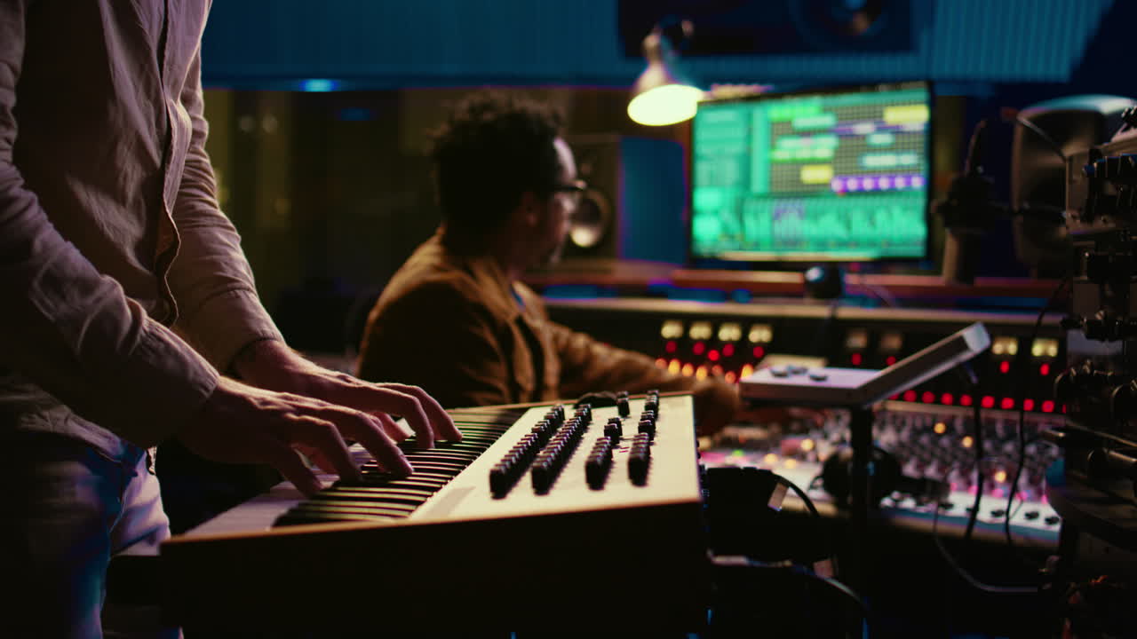 Musician playing piano midi controller in control room at recording studio