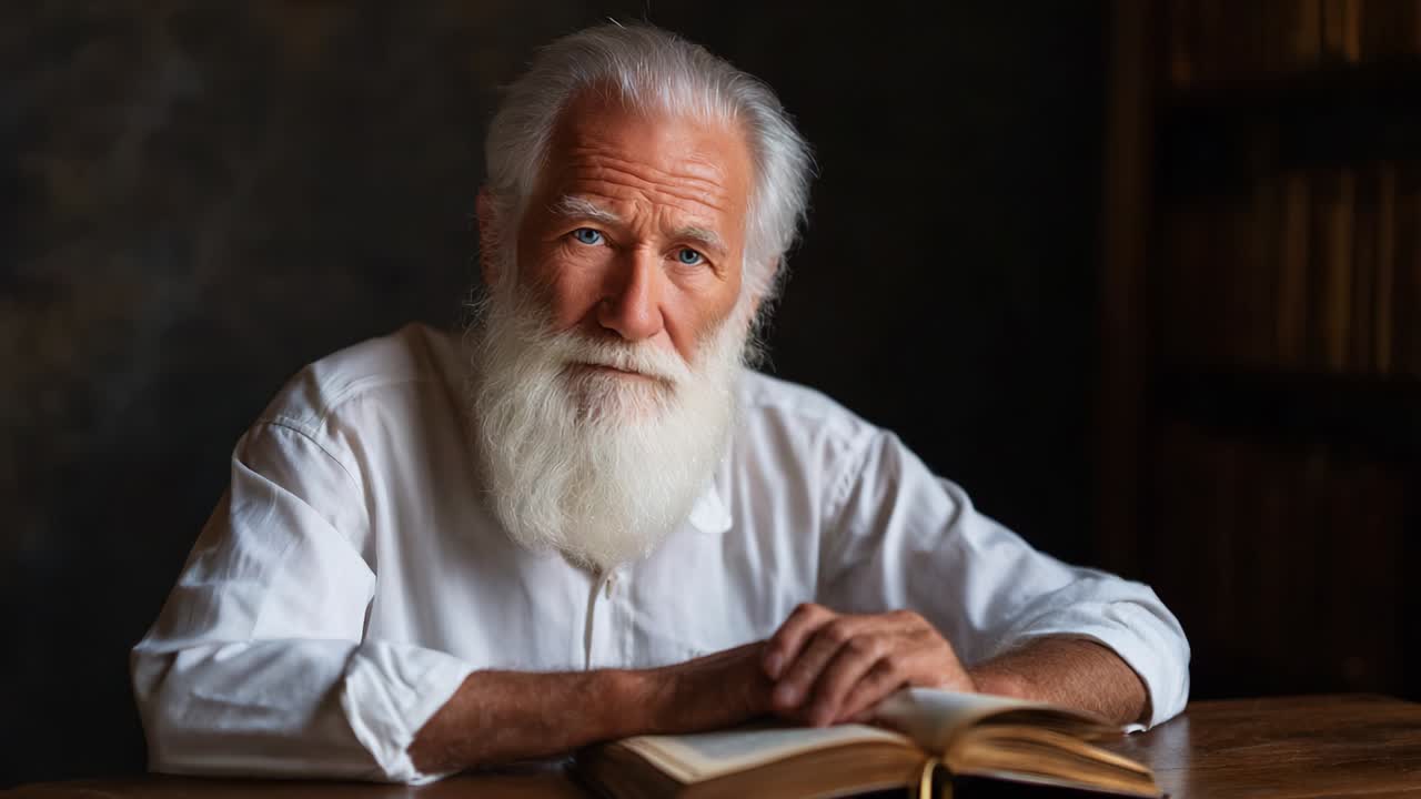 A thoughtful elderly man with a long white beard gazes directly into the camera while seated at a wooden table, his hands resting on an open book, evoking a sense of wisdom and reflection