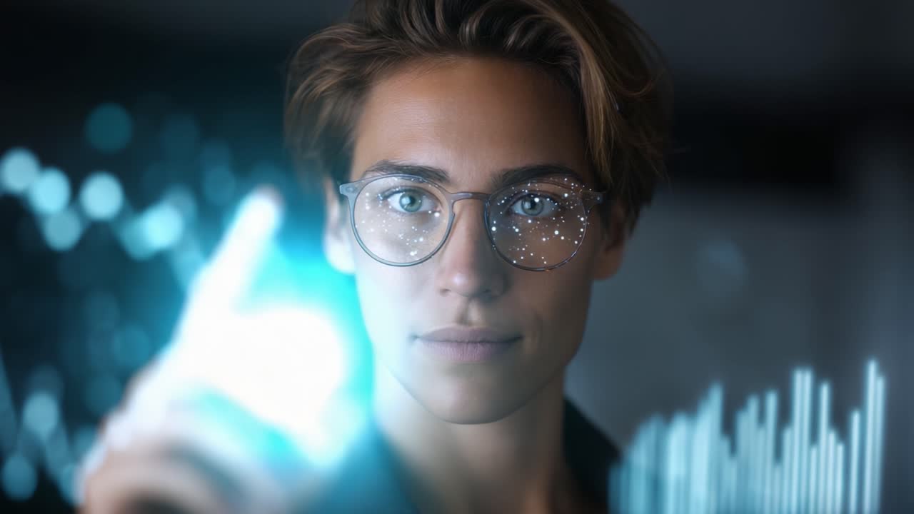 An engaged individual interacts with data visualizations, showcasing a focus on technology and digital innovation through captivating visual effects and expressions