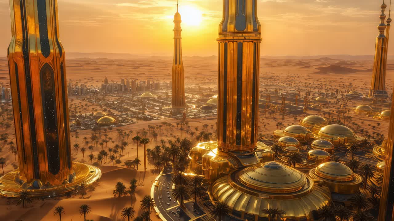 해가 뜨는 황금 사막 도시
