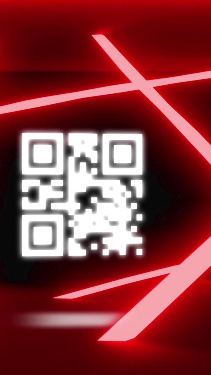 Vertical video: Darkness fading as red X grid appears, white QR fading, pulsing, inviting scanning