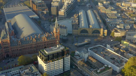 High-aerial-slider-shot-of-Kings-cross-St-Pancras-train-stations-London