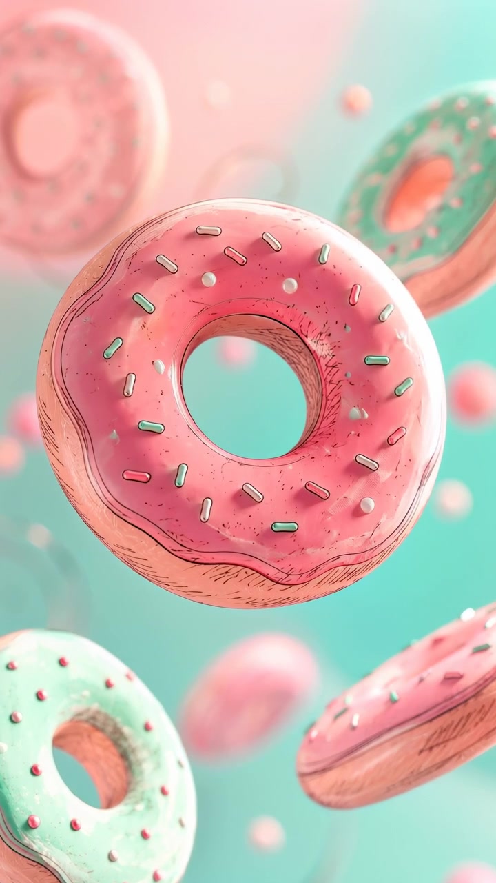Una ciambella glassata centrale si avvicina al primo piano da media distanza, mentre pasticcini alla menta e rosa rimangono delicatamente sfocati intorno ad essa, creando una profondità a strati in un'illuminazione pastello brillante