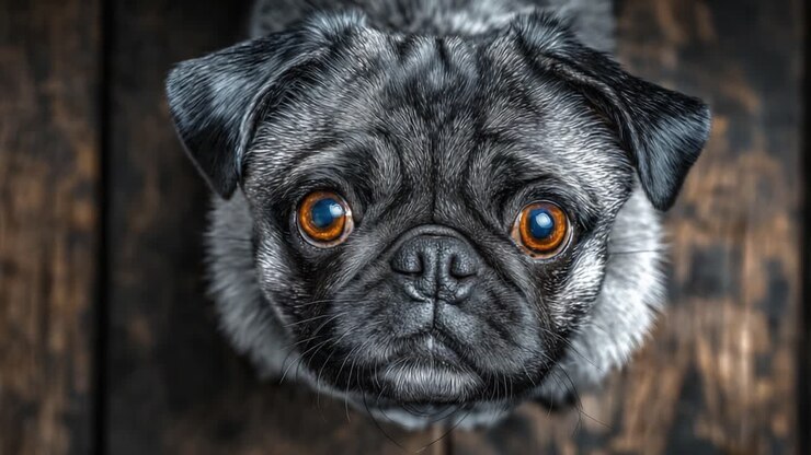 Close-up Adorável de um Pug Cinza-Prateado com Olhos Castanhos Expressivos, Capturando as Características Únicas e a Personalidade Encantadora Desta Raça Adorada.