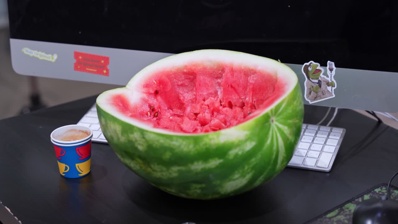 A fresh half-eaten watermelon sits on a black office desk next to a white keyboard and computer monitor. A healthy and unique workplace snack in a modern professional setting