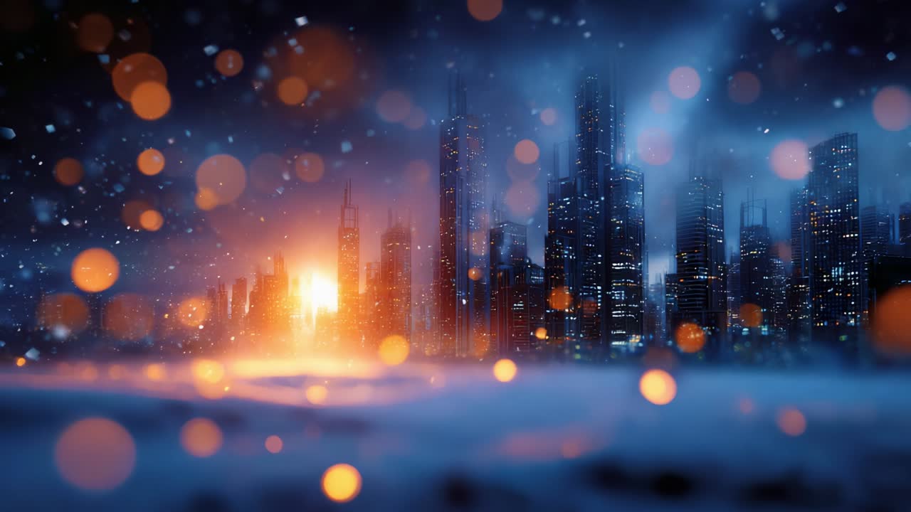 A Captivating Nightscape: Illuminated City skyline against a Mystical Snowy Background, Featuring Glimmering Lights and a Dramatic Sunset Horizon Creating an Enchanting Atmosphere of Urban Beauty