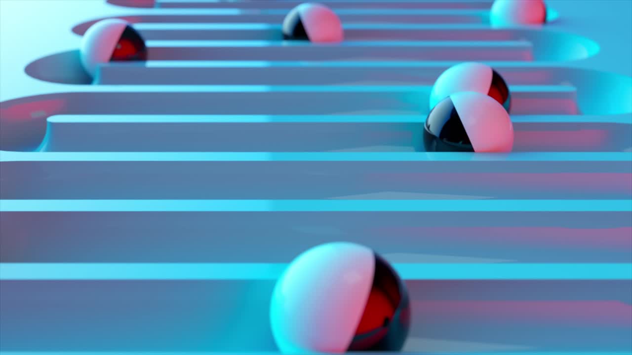Bright colorful background with rolling balls along the paths. Plastic ball rolling in geometry deepening. 3d animation of a seamless loop