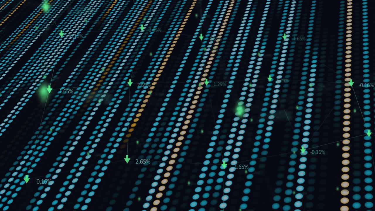 Animation of green dots over black background with green and yellow lines